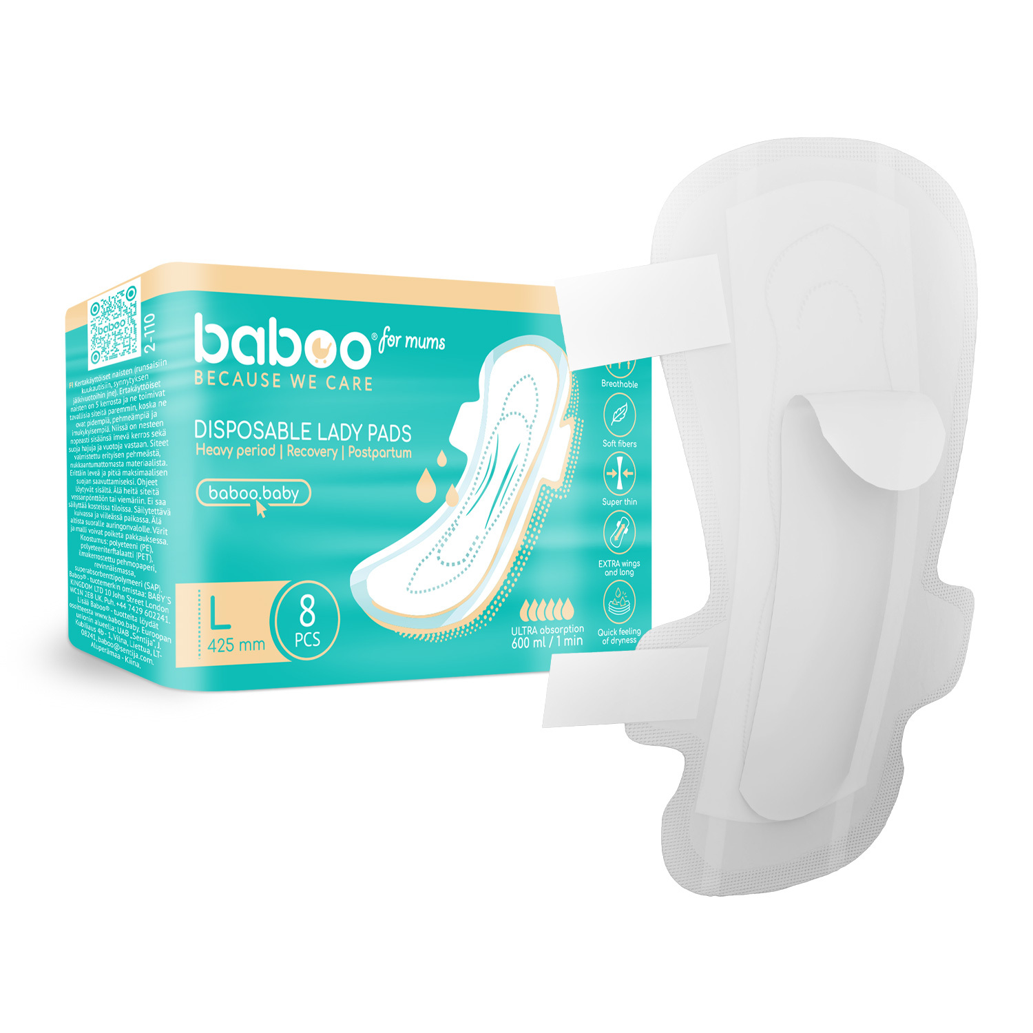 Бабуу FOR KIDS Baboo women`s hygienic pads L 8pcs
